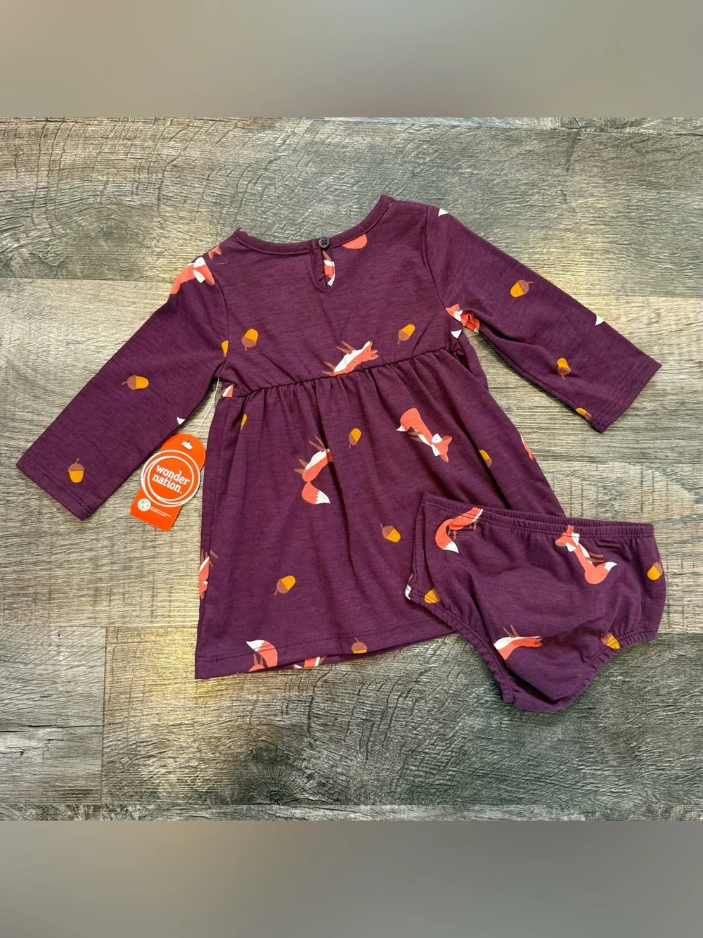 NWT Wonder Nation Baby Girl Fox Long Sleeve Dress Matching Diaper Cover 6-9 Mon